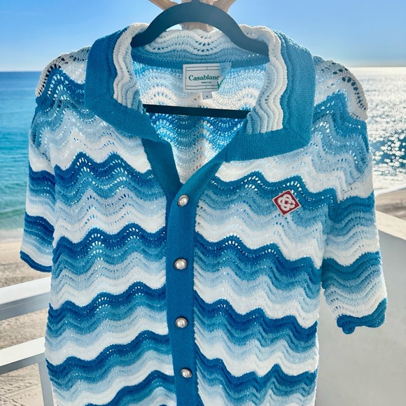 Casablanca Wave Blue and White Knit Cardigan - Picture 3 of 9